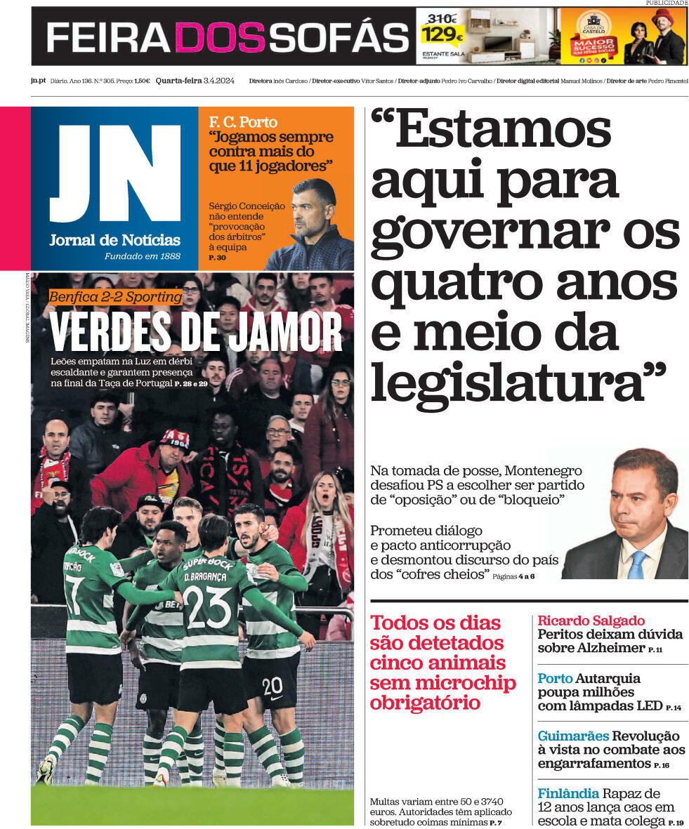 Jornal de Not&iacute;cias: Capa da Edi&ccedil;&atilde;o de quarta-feira, 03 de abril 2024