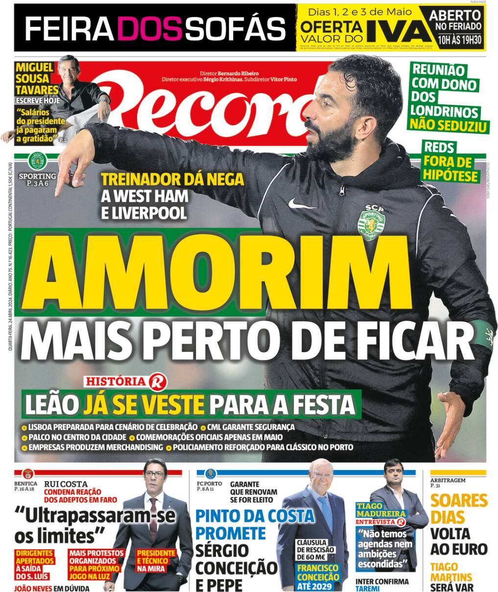Record: Capa da Edi&ccedil;&atilde;o de quarta-feira, 24 de abril 2024