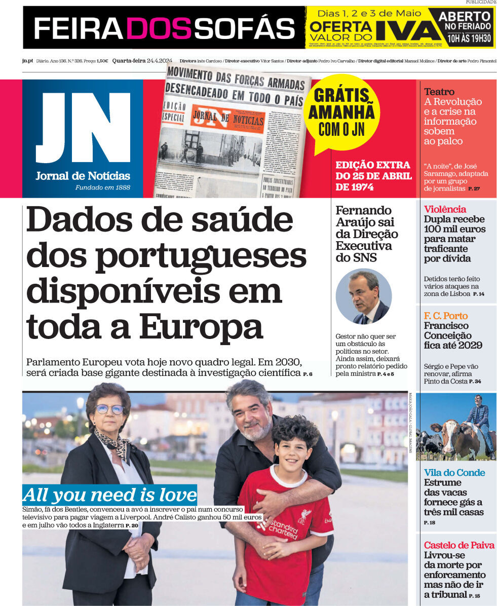 Jornal de Not&iacute;cias: Capa da Edi&ccedil;&atilde;o de quarta-feira, 24 de abril 2024