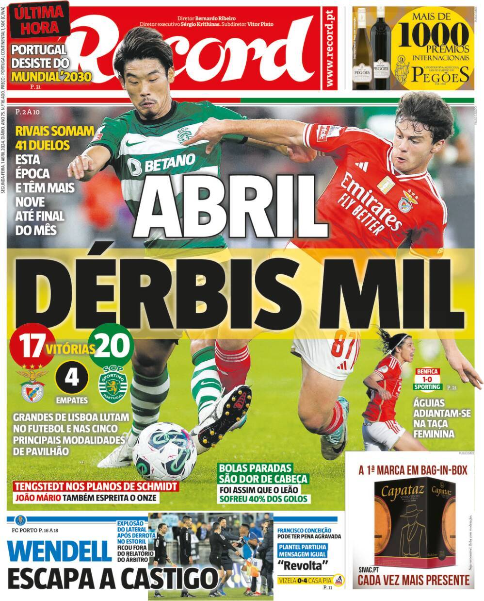 Record: Capa da Edi&ccedil;&atilde;o de segunda-feira, 01 de abril 2024