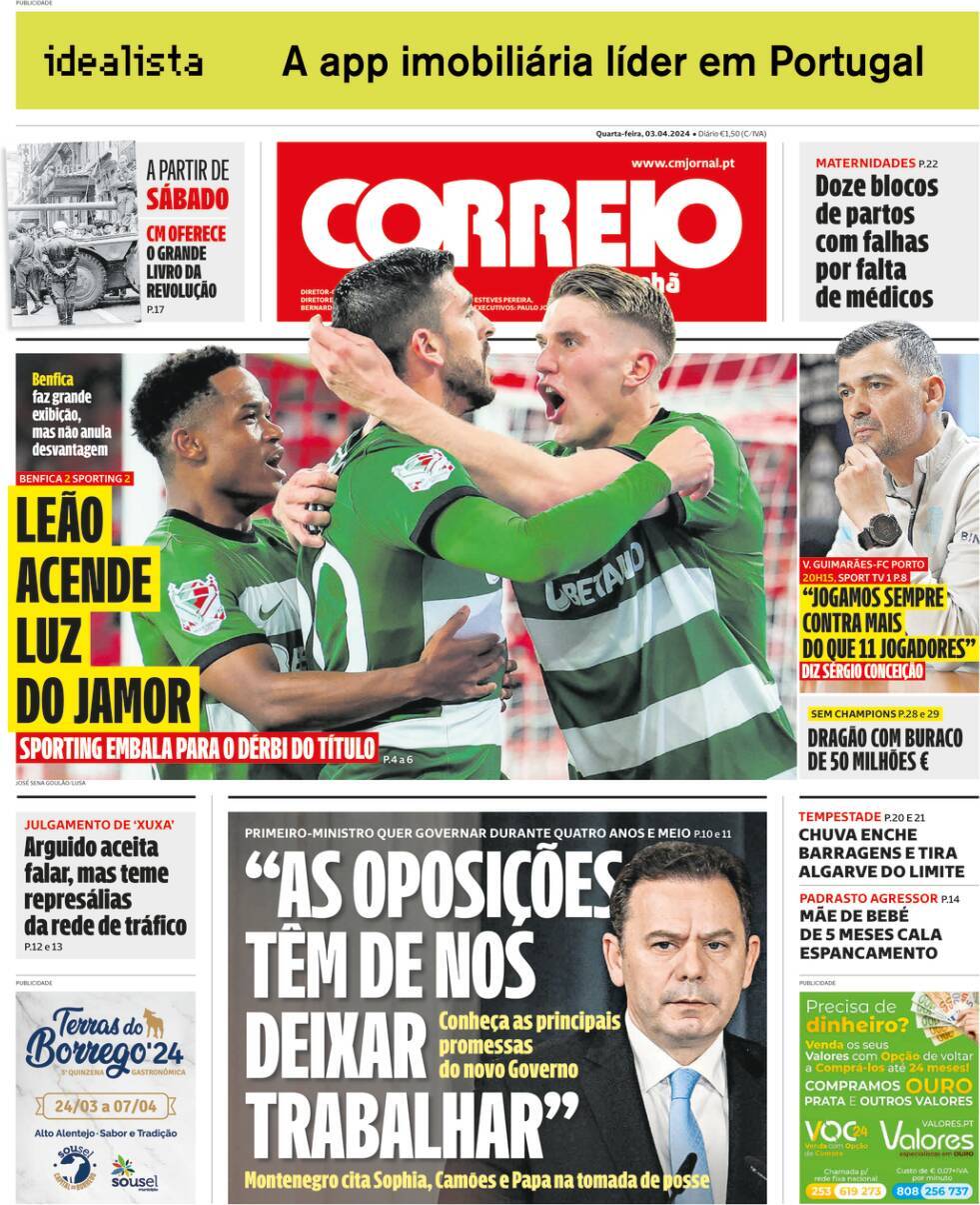 Correio da Manh&atilde;: Capa da Edi&ccedil;&atilde;o de quarta-feira, 03 de abril 2024