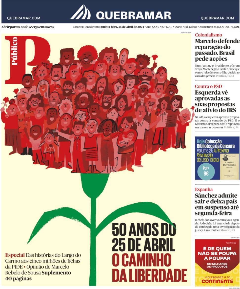 P&uacute;blico: Capa da Edi&ccedil;&atilde;o de quinta-feira, 25 de abril 2024