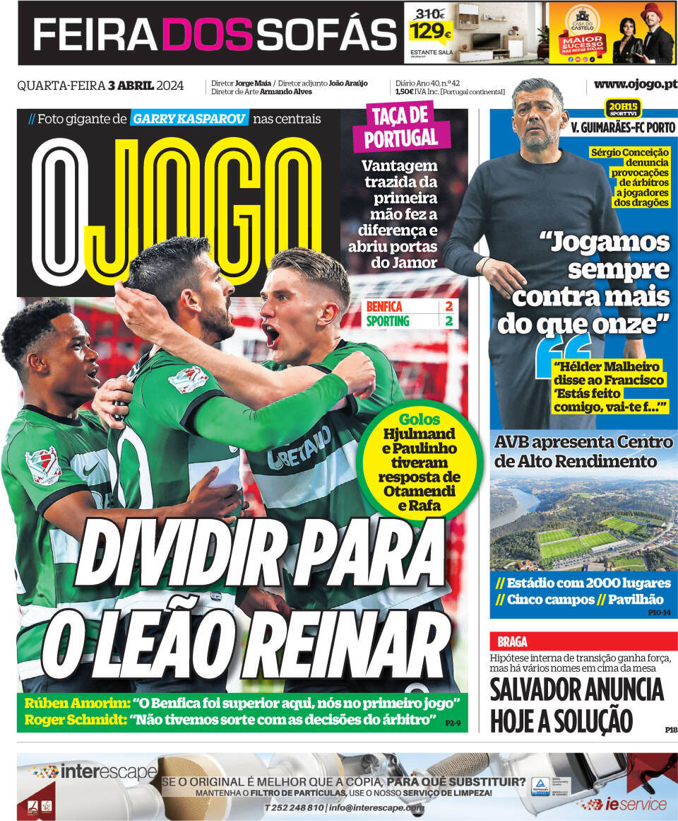 O Jogo: Capa da Edi&ccedil;&atilde;o de quarta-feira, 03 de abril 2024