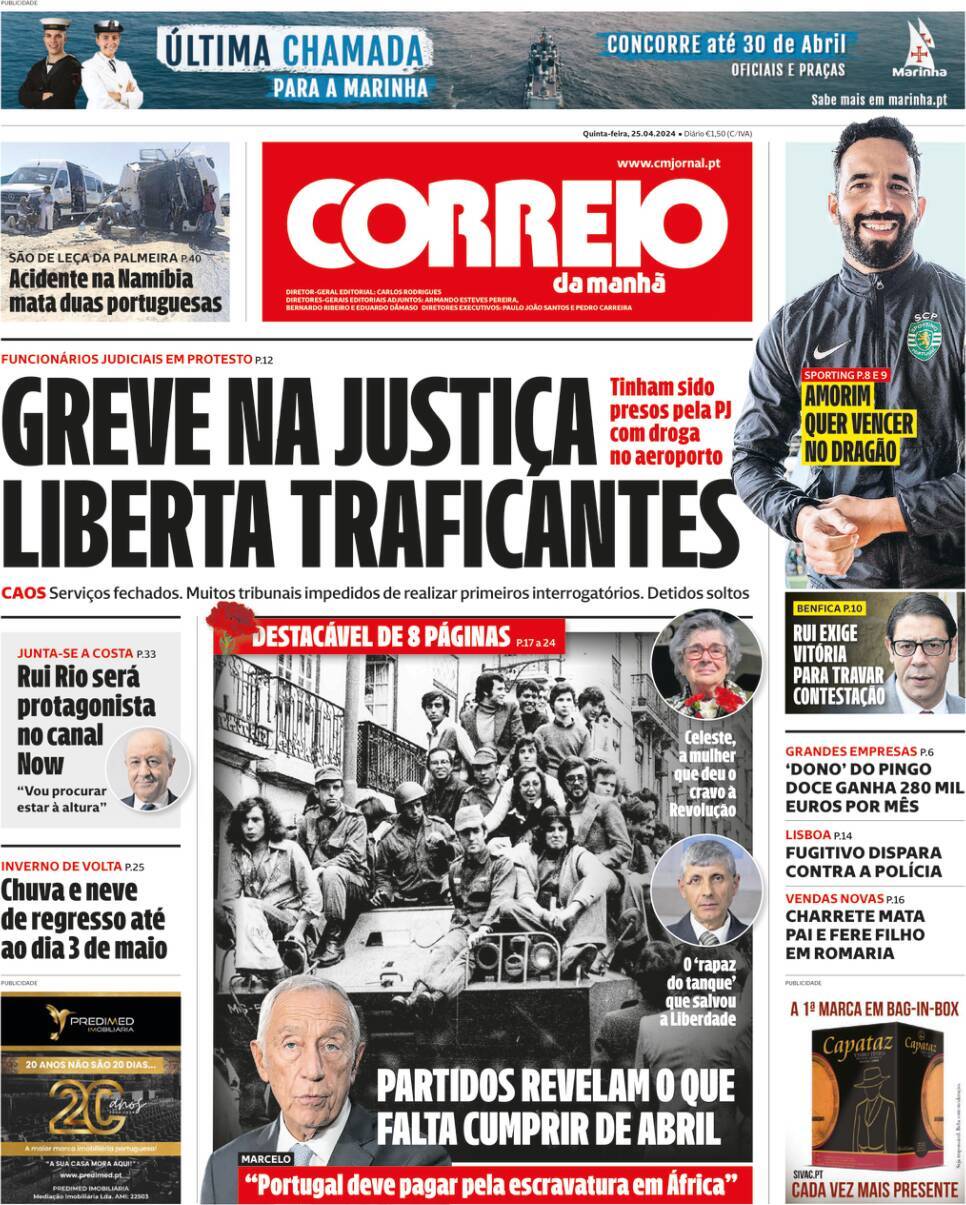 Correio da Manh&atilde;: Capa da Edi&ccedil;&atilde;o de quinta-feira, 25 de abril 2024