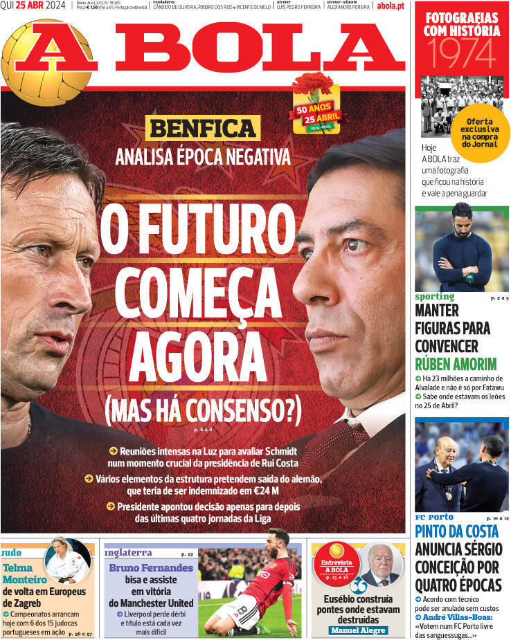 A Bola: Capa da Edi&ccedil;&atilde;o de quinta-feira, 25 de abril 2024