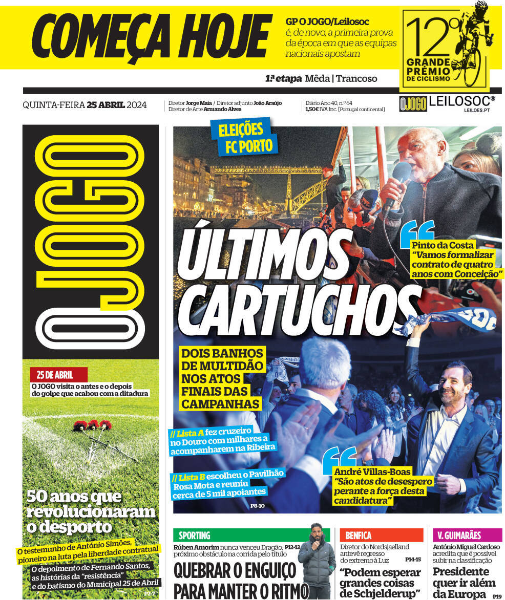 O Jogo: Capa da Edi&ccedil;&atilde;o de quinta-feira, 25 de abril 2024