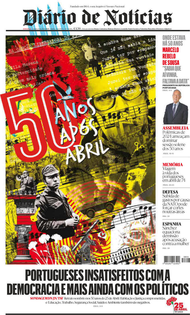 Di&aacute;rio de Not&iacute;cias: Capa da Edi&ccedil;&atilde;o de quinta-feira, 25 de abril 2024