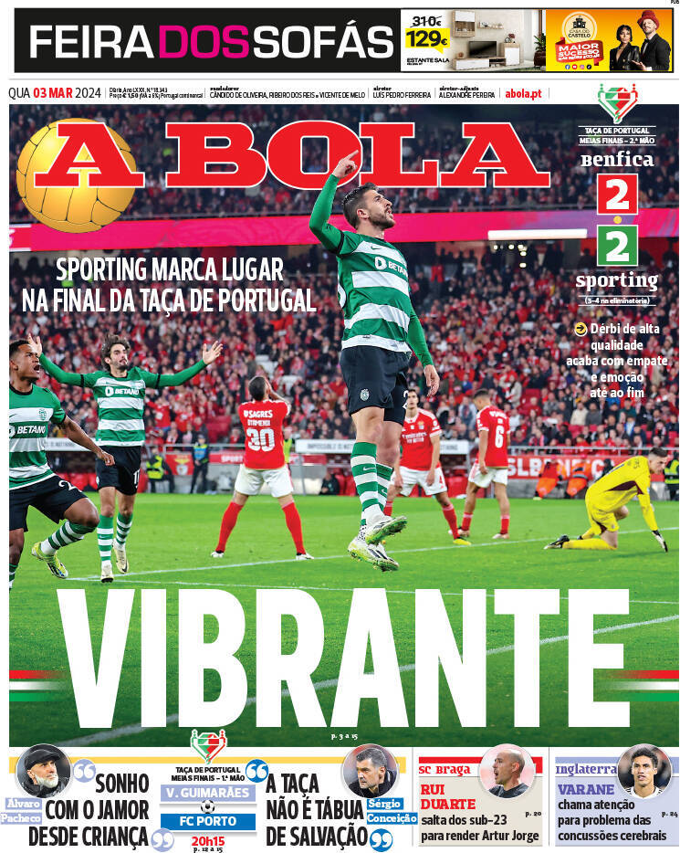 A Bola: Capa da Edi&ccedil;&atilde;o de quarta-feira, 03 de abril 2024