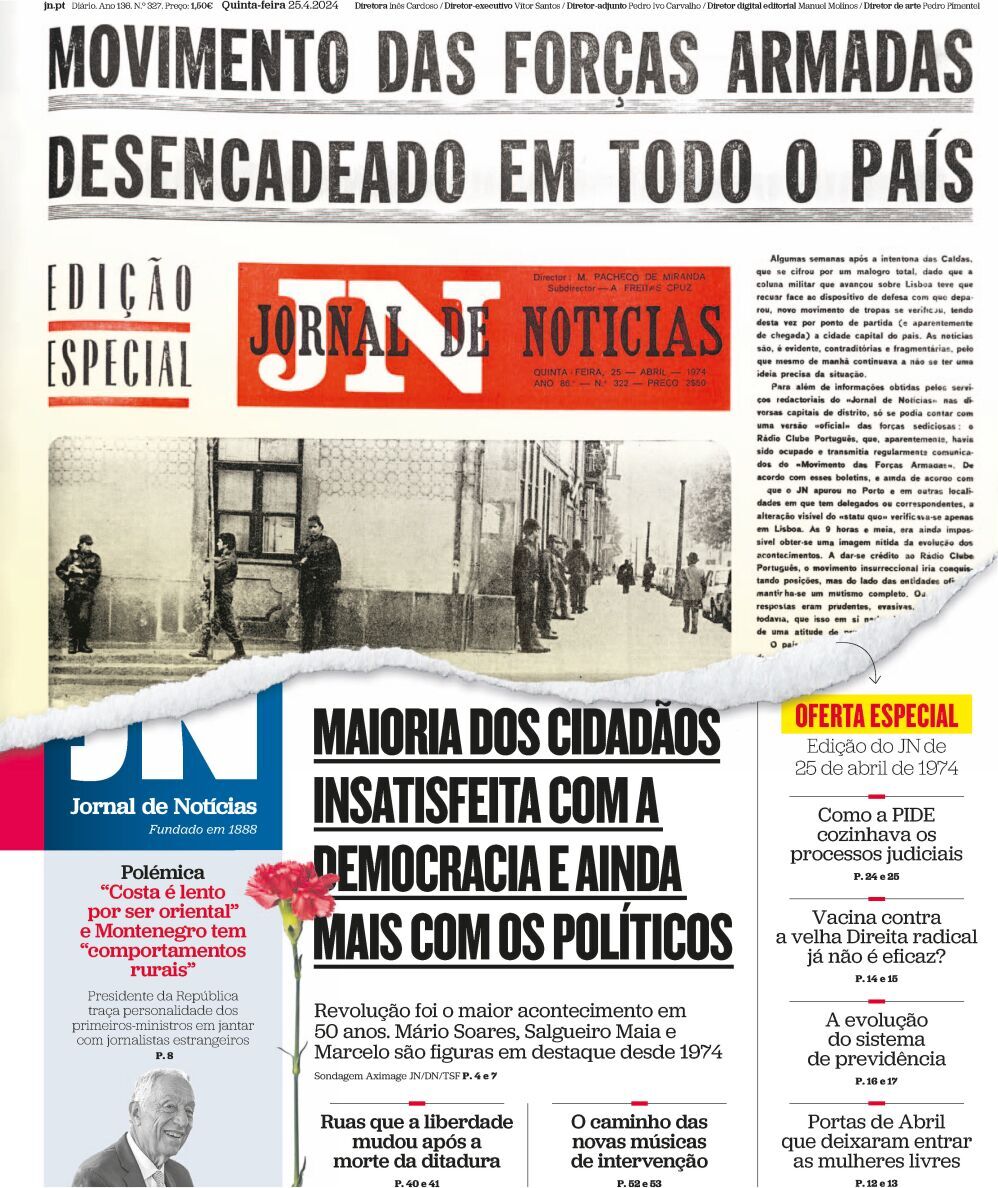 Jornal de Not&iacute;cias: Capa da Edi&ccedil;&atilde;o de sexta-feira, 26 de abril 2024