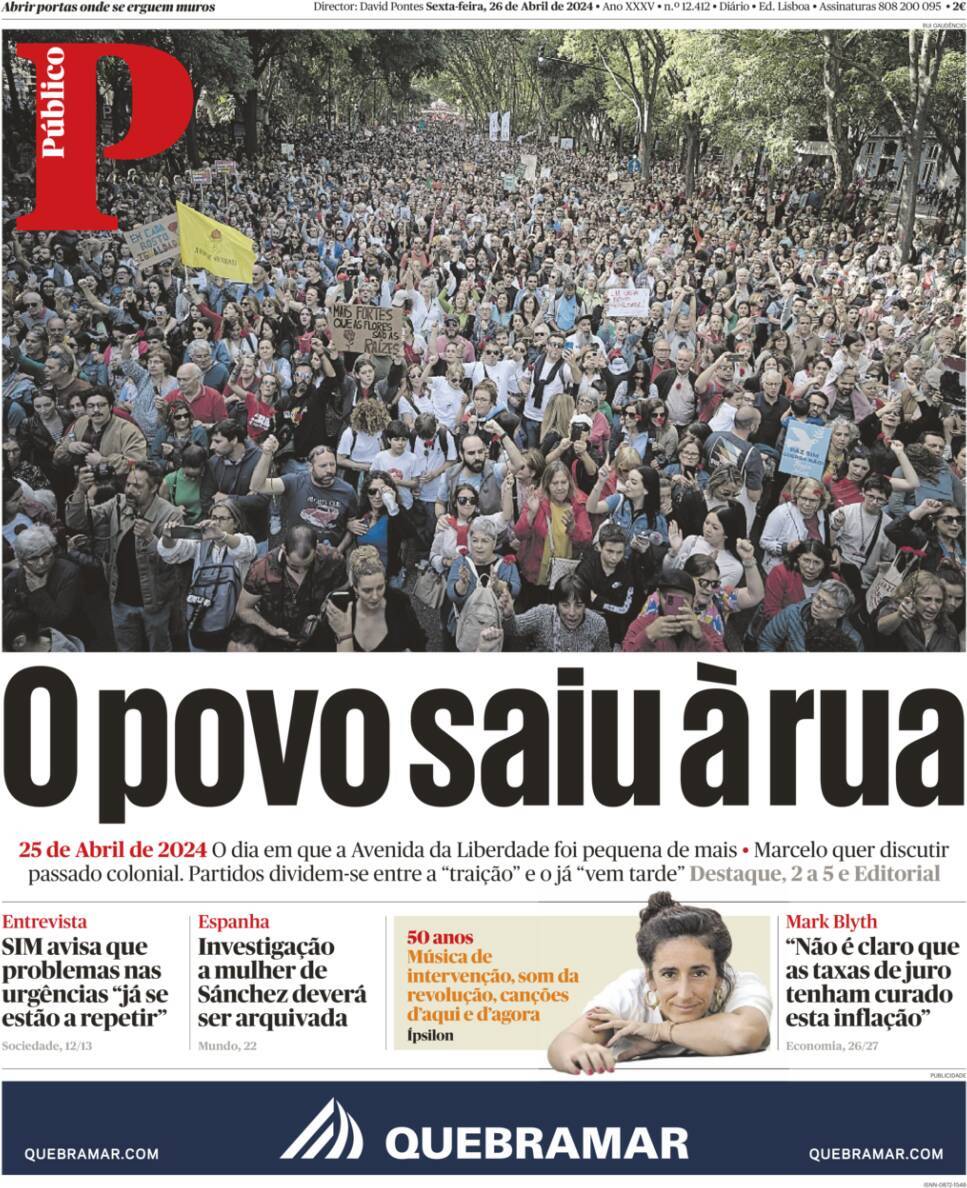 P&uacute;blico: Capa da Edi&ccedil;&atilde;o de sexta-feira, 26 de abril 2024