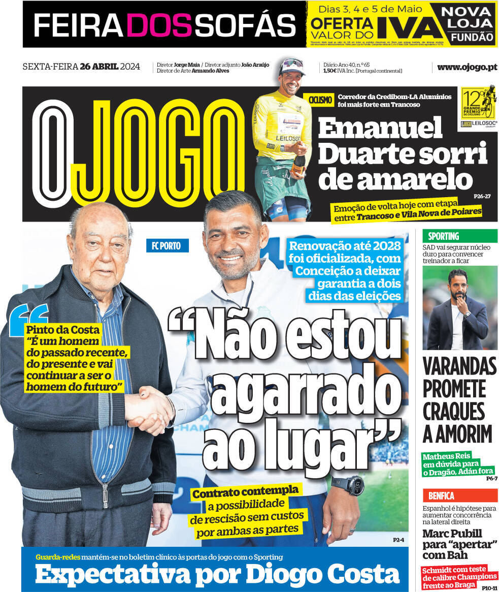 O Jogo: Capa da Edi&ccedil;&atilde;o de sexta-feira, 26 de abril 2024