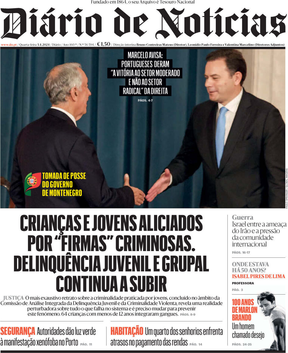 Di&aacute;rio de Not&iacute;cias: Capa da Edi&ccedil;&atilde;o de quarta-feira, 03 de abril 2024