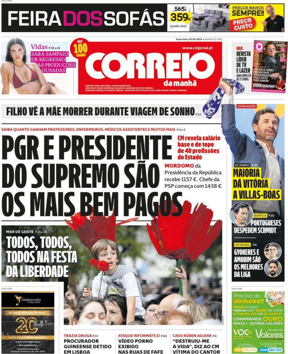 Correio da Manh&atilde;: Capa da Edi&ccedil;&atilde;o de sexta-feira, 26 de abril 2024