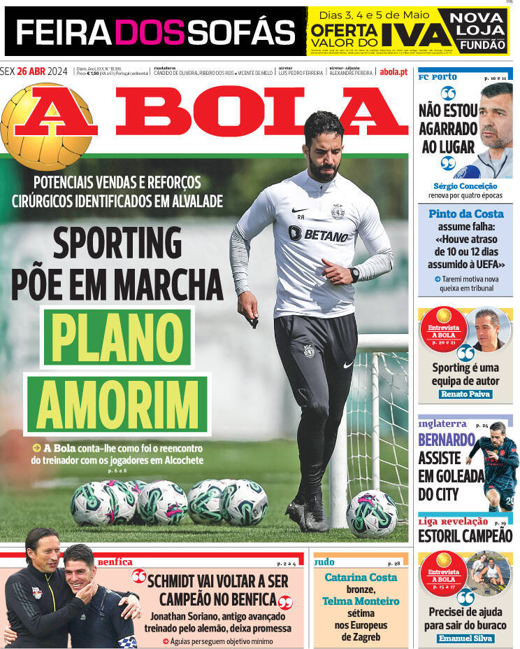 A Bola: Capa da Edi&ccedil;&atilde;o de sexta-feira, 26 de abril 2024