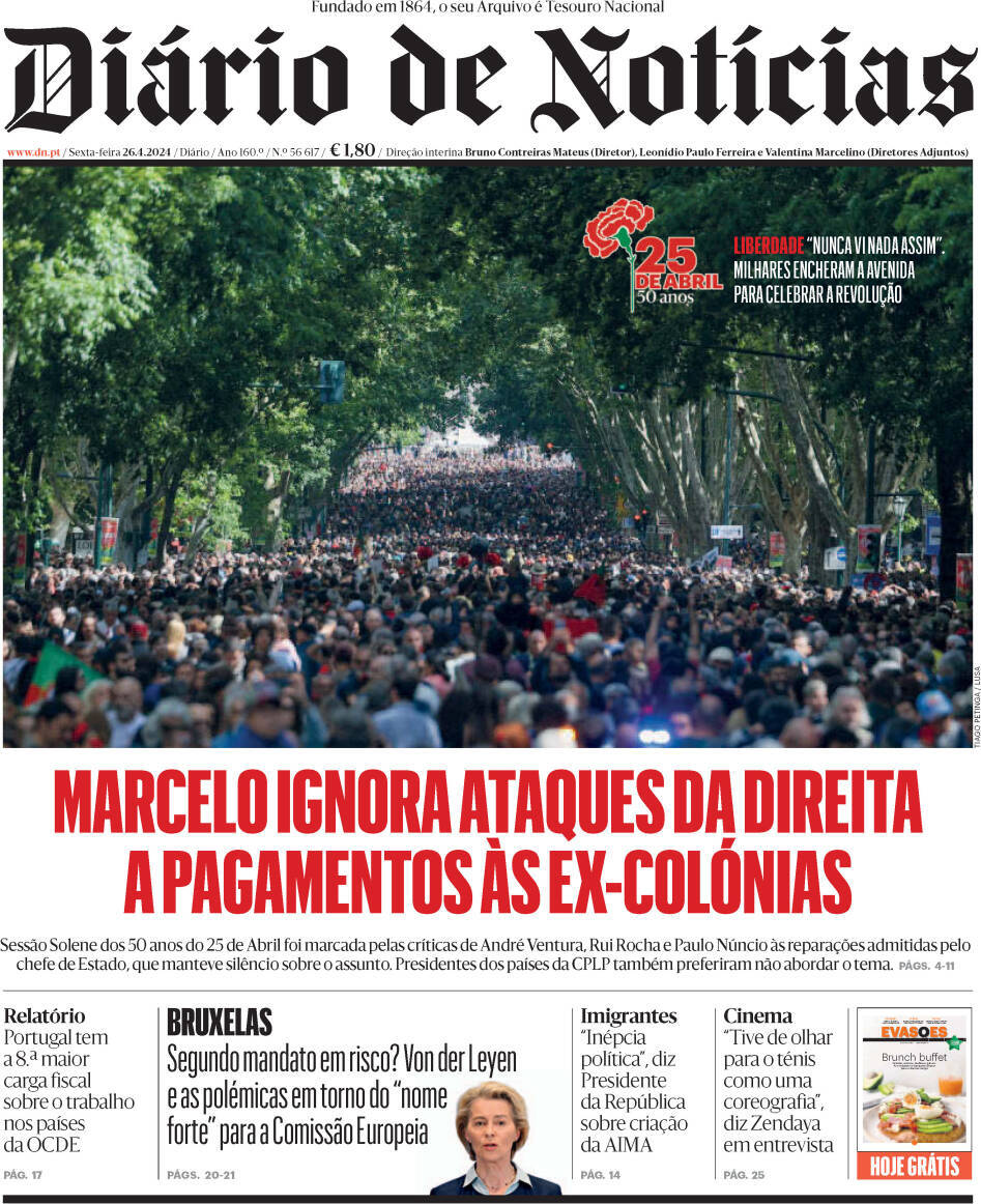 Di&aacute;rio de Not&iacute;cias: Capa da Edi&ccedil;&atilde;o de sexta-feira, 26 de abril 2024