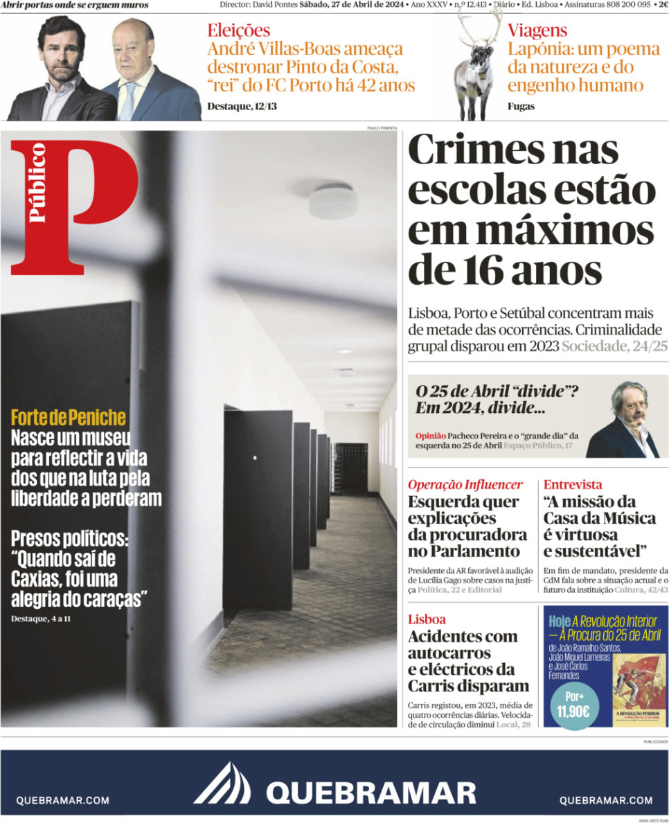 P&uacute;blico: Capa da Edi&ccedil;&atilde;o de s&aacute;bado, 27 de abril 2024