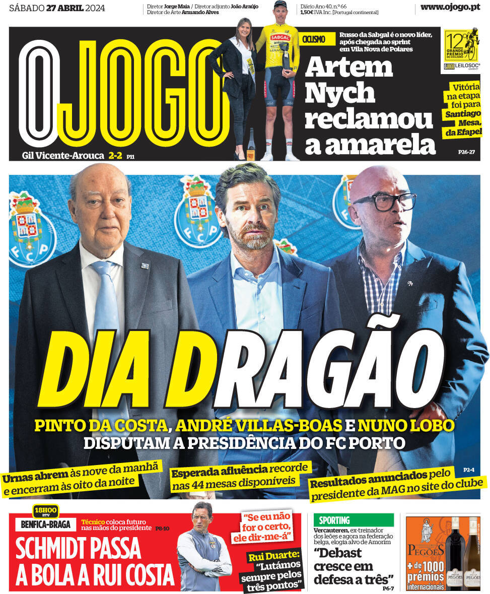 O Jogo: Capa da Edi&ccedil;&atilde;o de s&aacute;bado, 27 de abril 2024