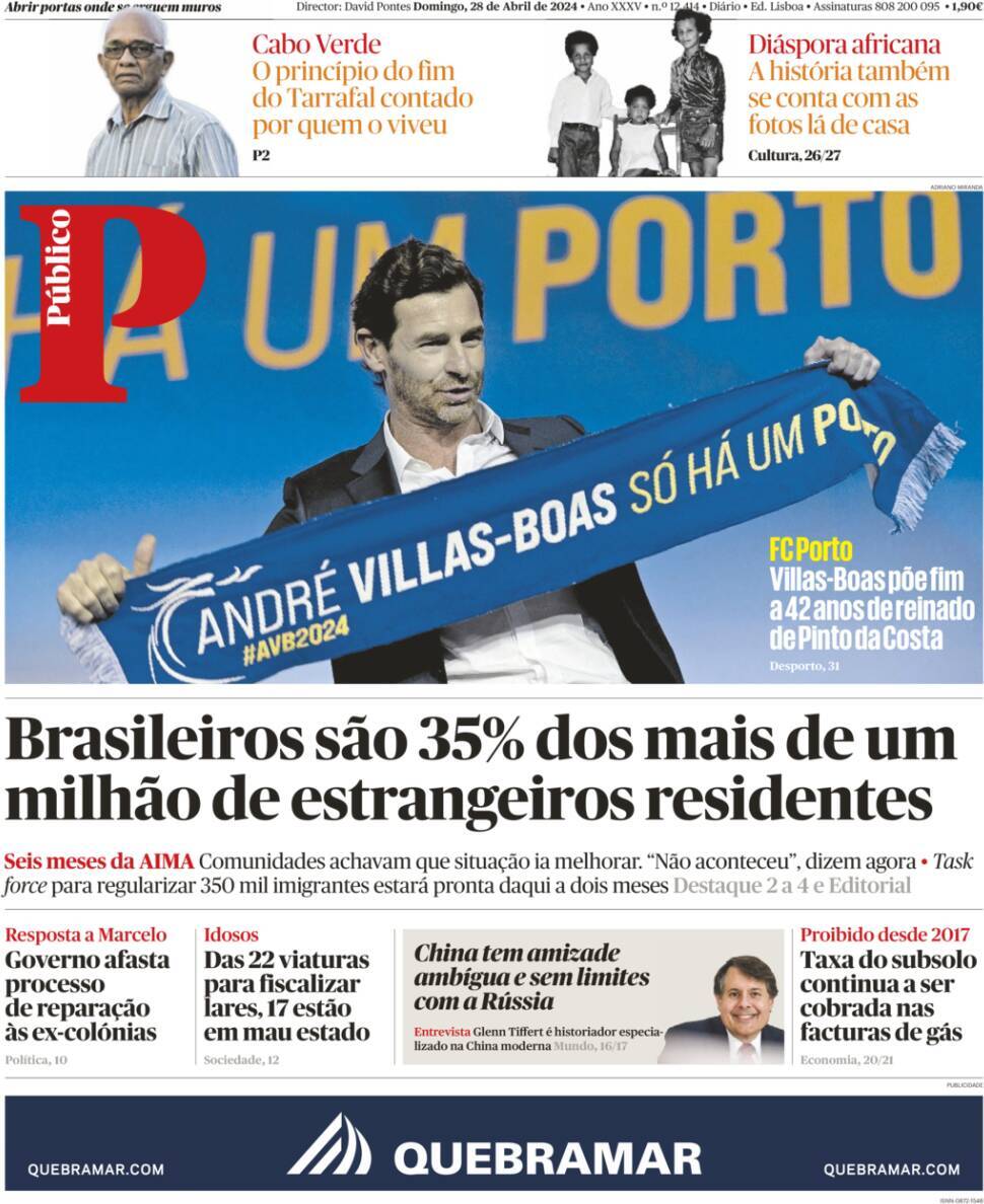 P&uacute;blico: Capa da Edi&ccedil;&atilde;o de domingo, 28 de abril 2024
