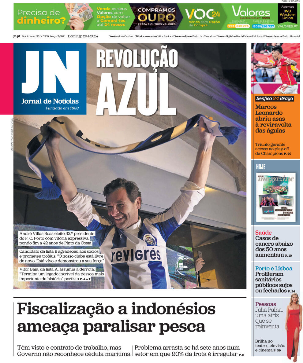 Jornal de Not&iacute;cias: Capa da Edi&ccedil;&atilde;o de domingo, 28 de abril 2024