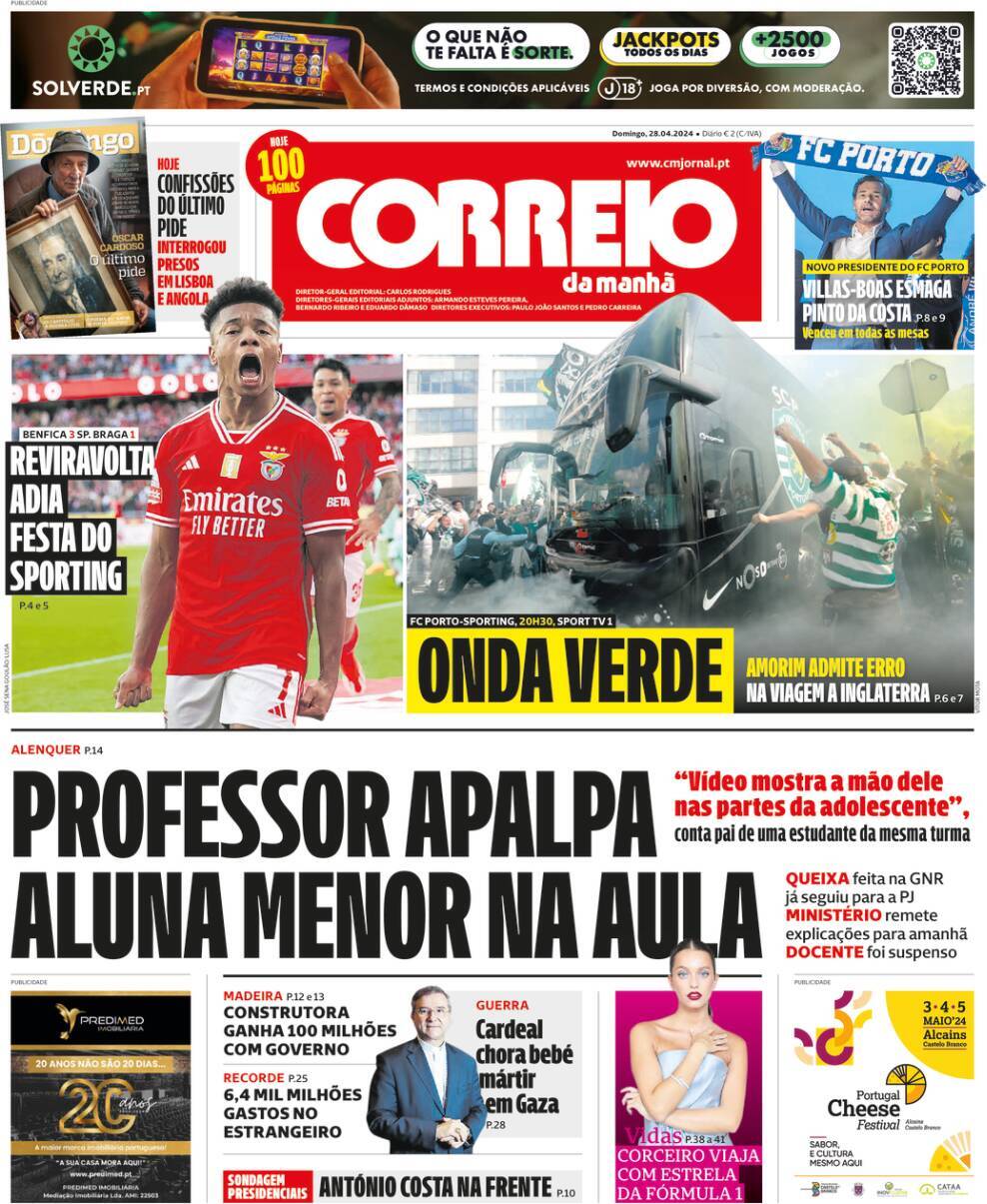 Correio da Manh&atilde;: Capa da Edi&ccedil;&atilde;o de domingo, 28 de abril 2024