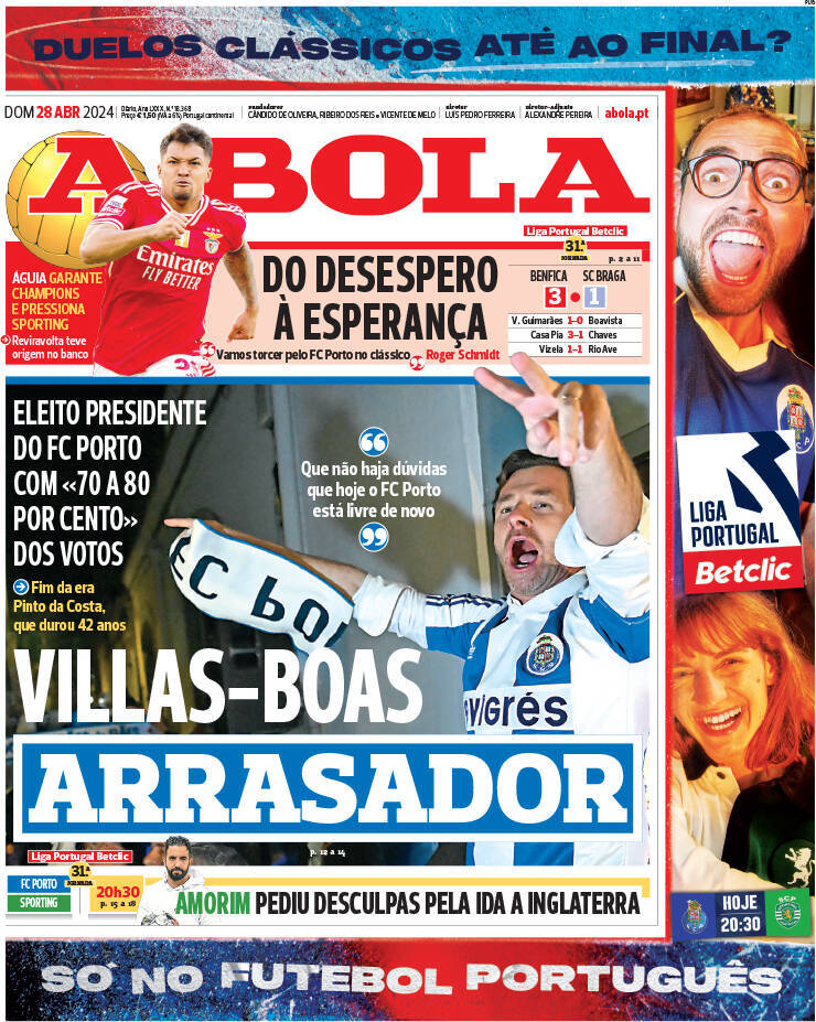 A Bola: Capa da Edi&ccedil;&atilde;o de domingo, 28 de abril 2024