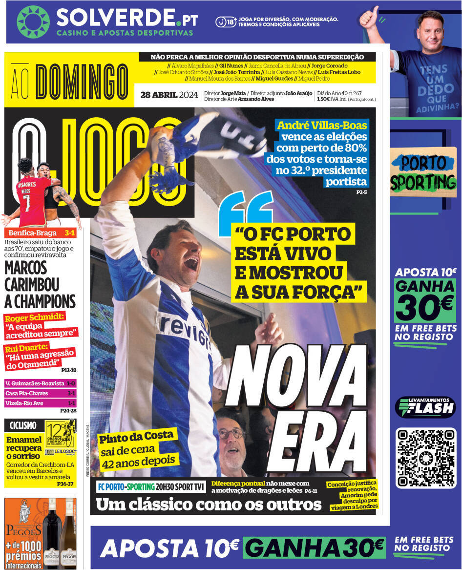 O Jogo: Capa da Edi&ccedil;&atilde;o de domingo, 28 de abril 2024