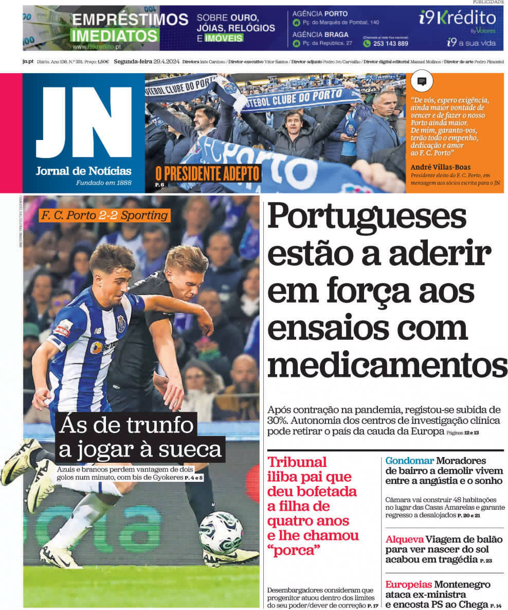 P&uacute;blico: Capa da Edi&ccedil;&atilde;o de segunda-feira, 29 de abril 2024