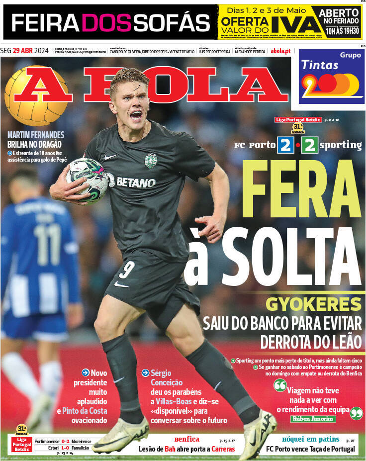 A Bola: Capa da Edi&ccedil;&atilde;o de segunda-feira, 29 de abril 2024