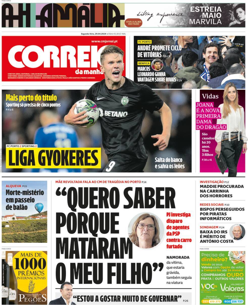 Correio da Manh&atilde;: Capa da Edi&ccedil;&atilde;o de segunda-feira, 29 de abril 2024