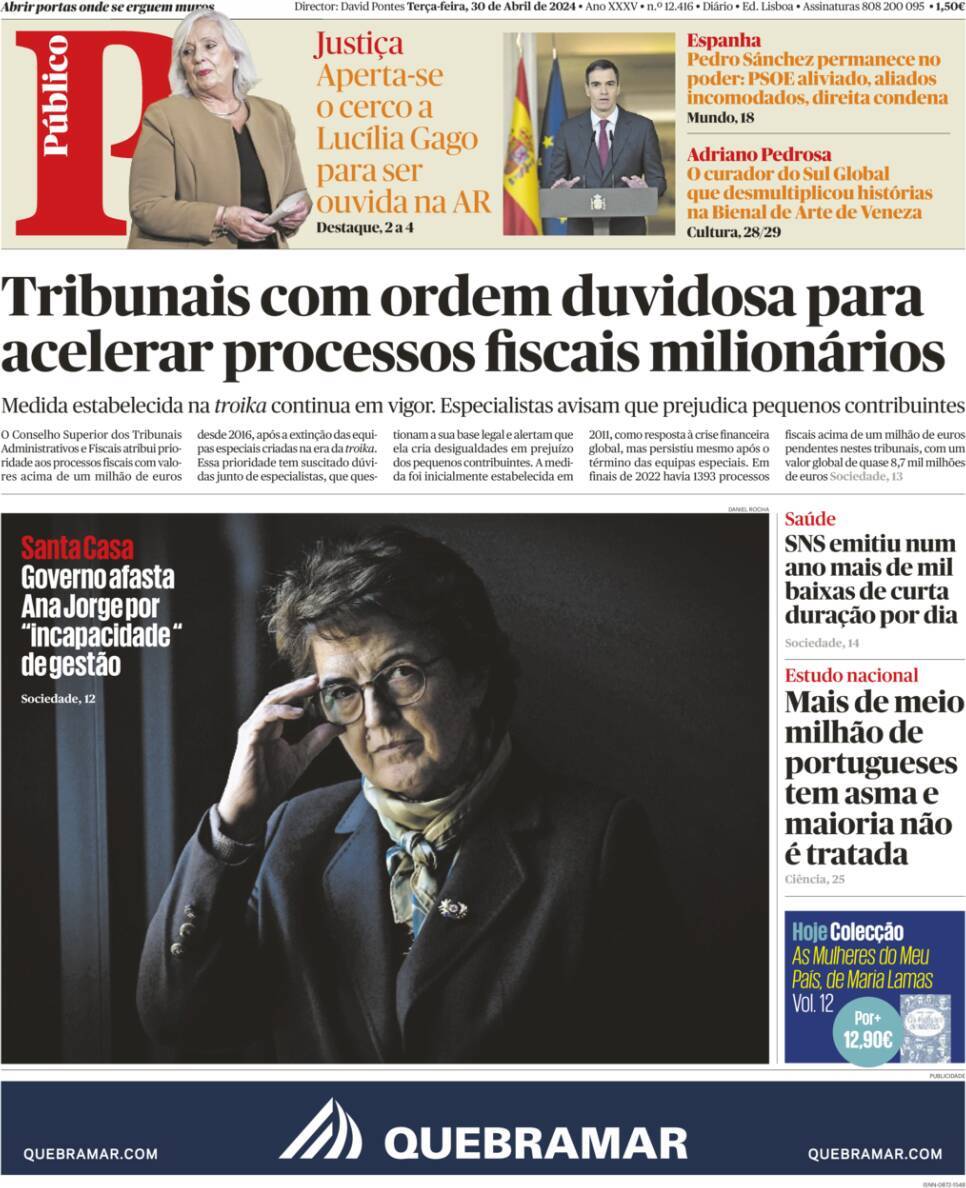 P&uacute;blico: Capa da Edi&ccedil;&atilde;o de ter&ccedil;a-feira, 30 de abril 2024