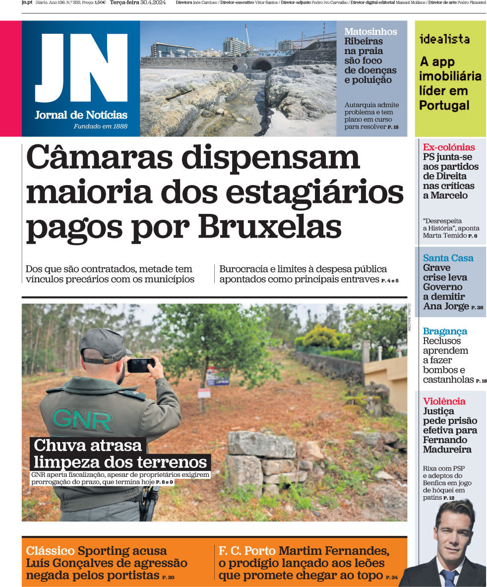 Jornal de Not&iacute;cias: Capa da Edi&ccedil;&atilde;o de ter&ccedil;a-feira, 30 de abril 2024
