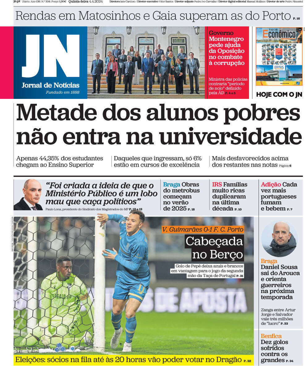 Jornal de Not&iacute;cias: Capa da Edi&ccedil;&atilde;o de quinta-feira, 04 de abril 2024