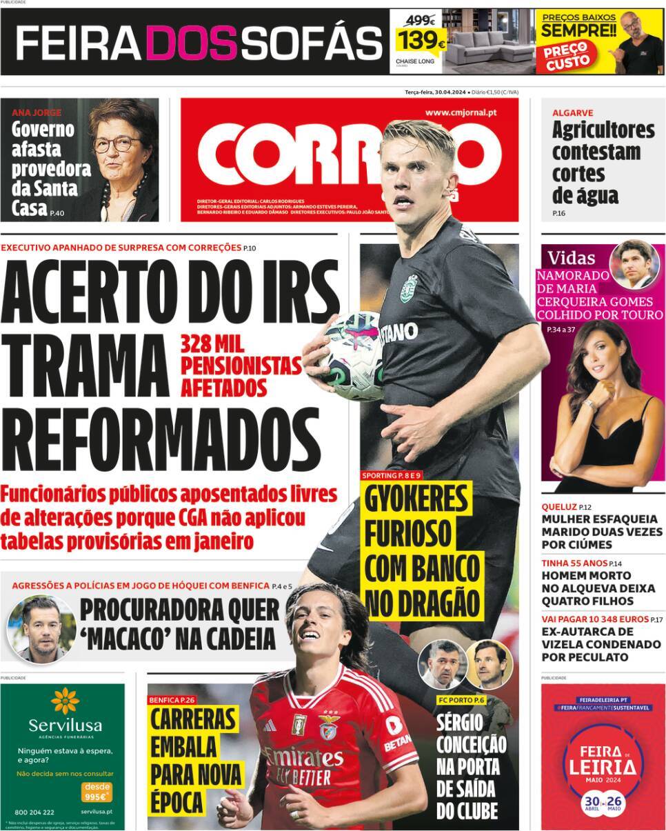 Correio da Manh&atilde;: Capa da Edi&ccedil;&atilde;o de ter&ccedil;a-feira, 30 de abril 2024