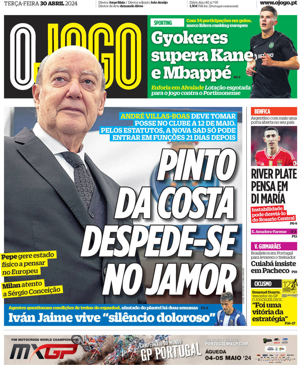 O Jogo: Capa da Edi&ccedil;&atilde;o de ter&ccedil;a-feira, 30 de abril 2024