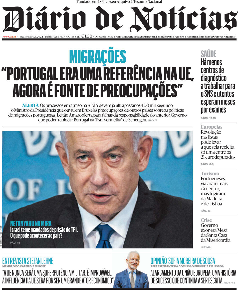 Di&aacute;rio de Not&iacute;cias: Capa da Edi&ccedil;&atilde;o de ter&ccedil;a-feira, 30 de abril 2024