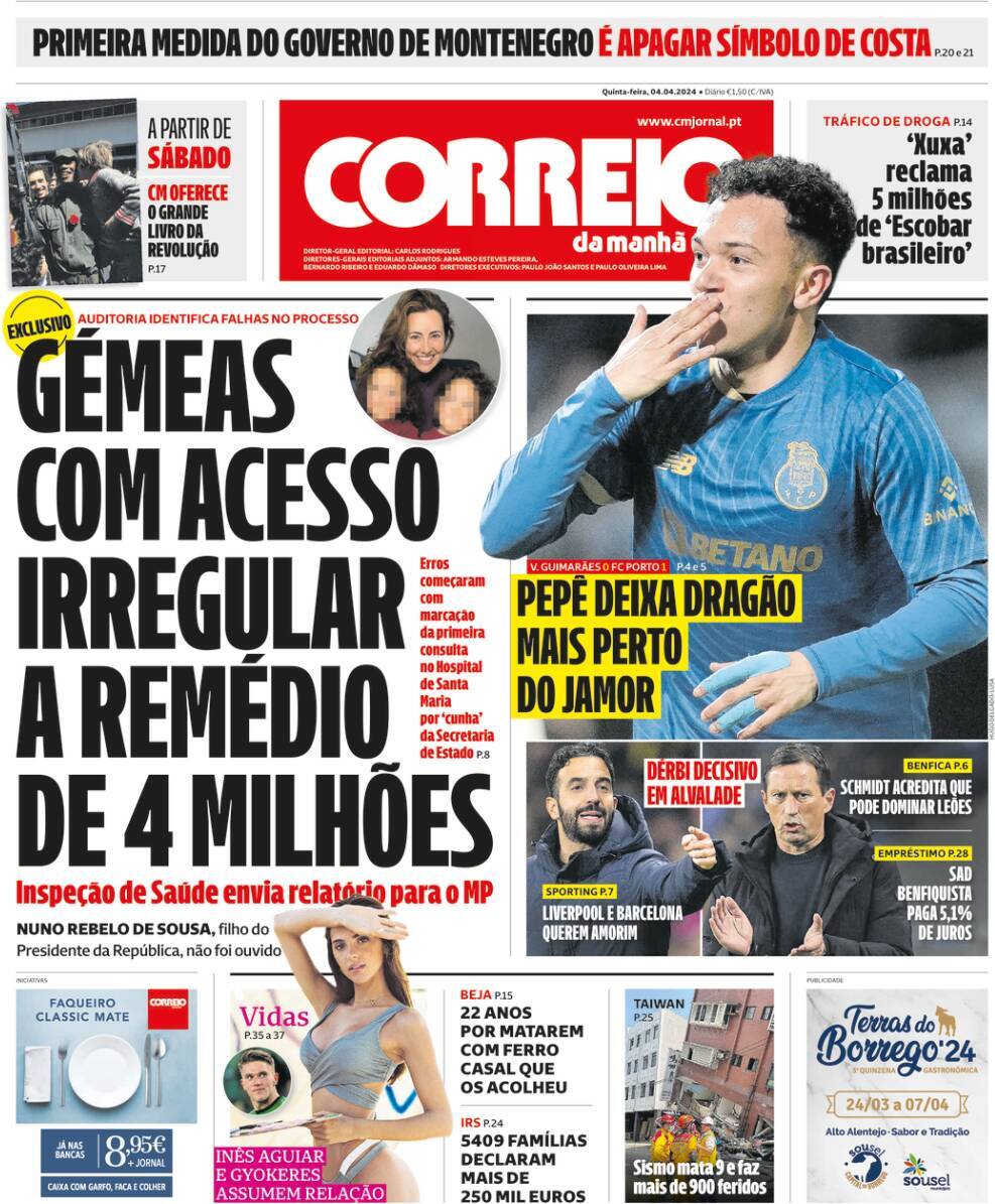 P&uacute;blico: Capa da Edi&ccedil;&atilde;o de quinta-feira, 04 de abril 2024