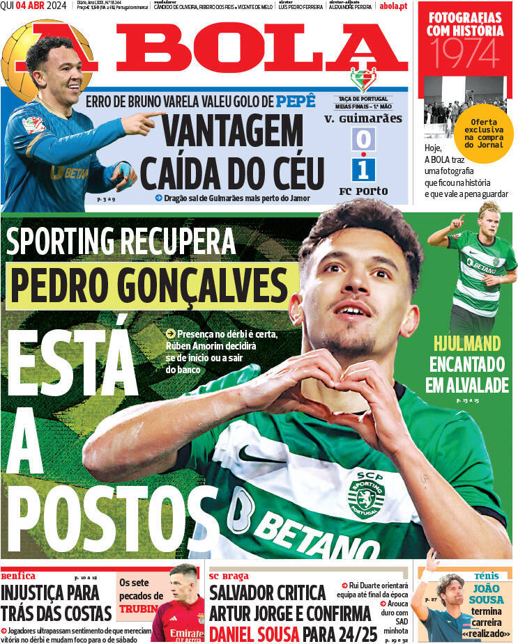 A Bola: Capa da Edi&ccedil;&atilde;o de quinta-feira, 04 de abril 2024