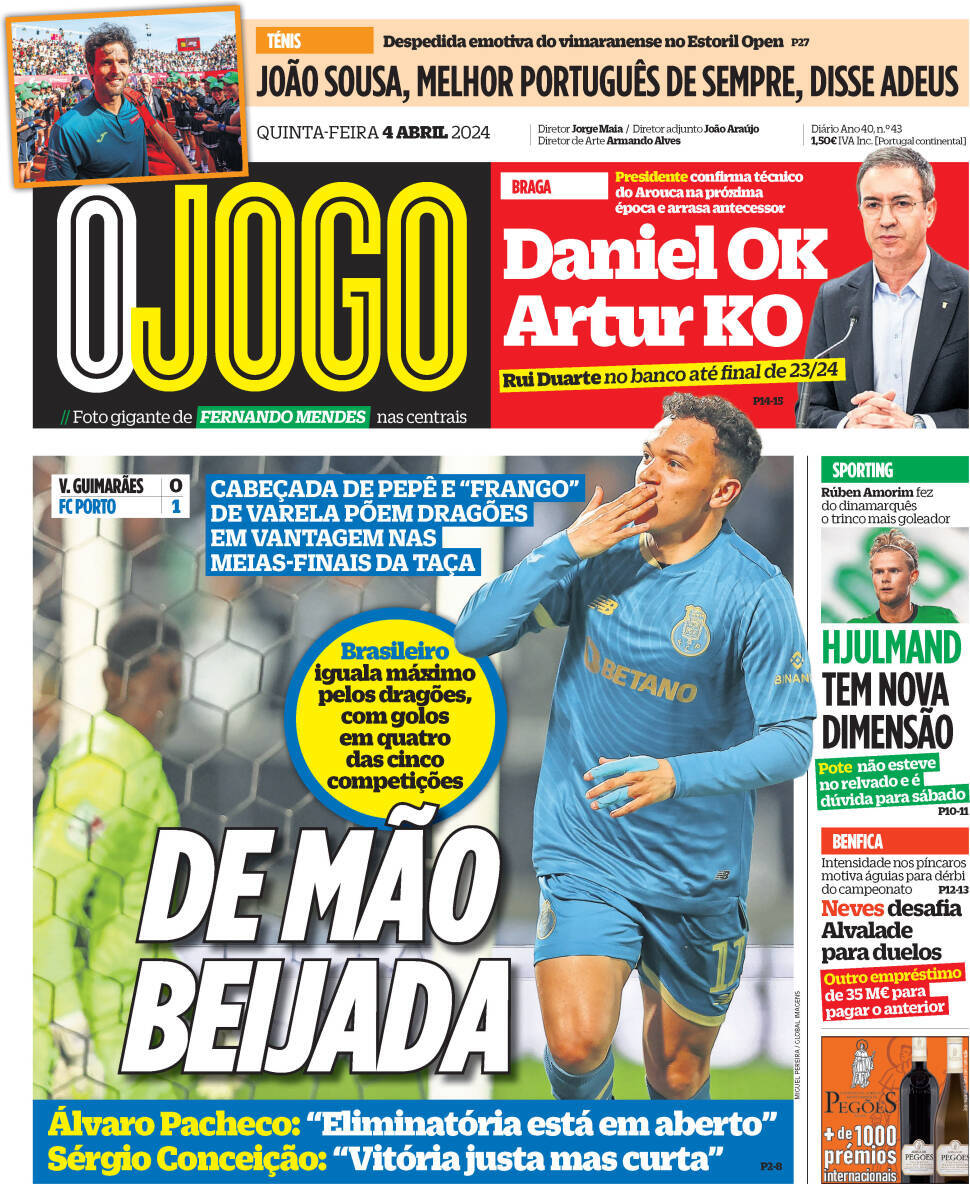 O Jogo: Capa da Edi&ccedil;&atilde;o de quinta-feira, 04 de abril 2024