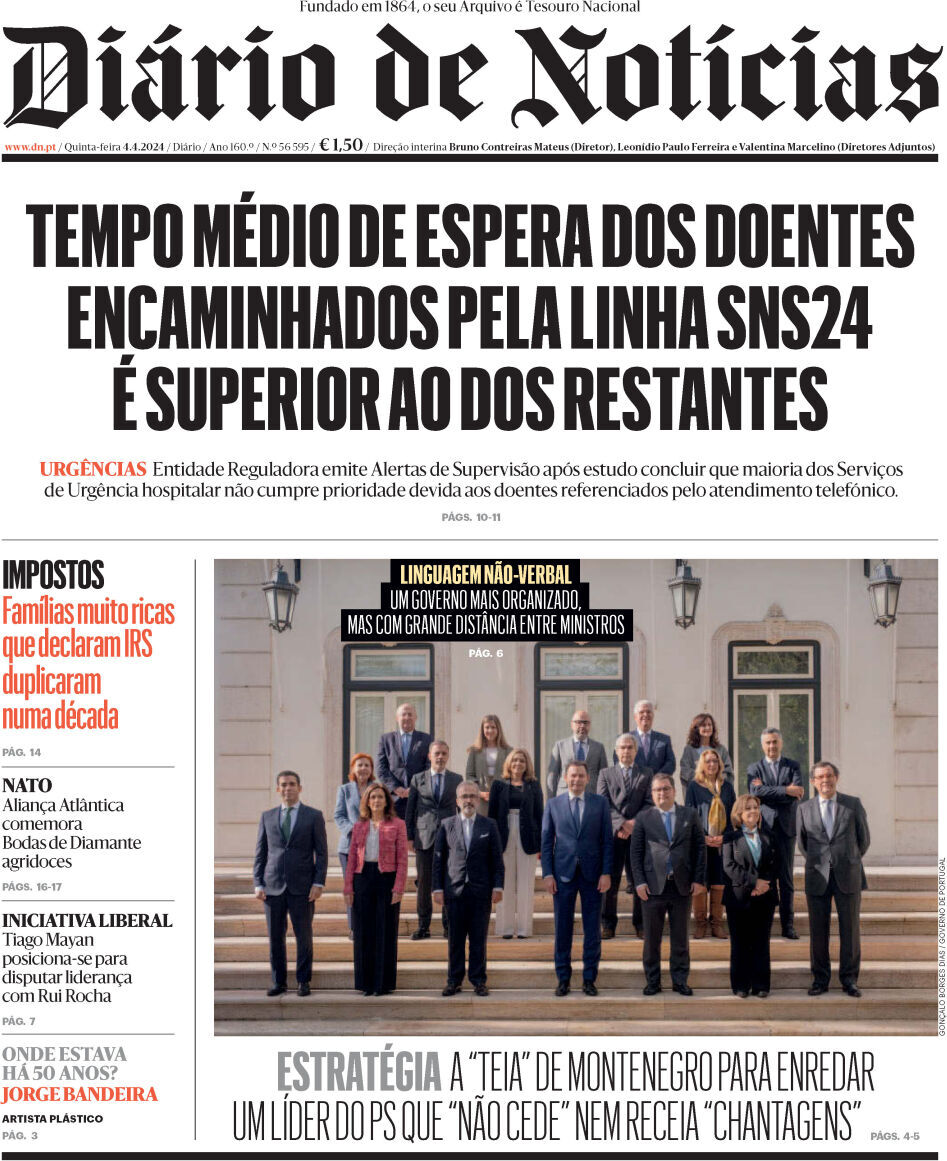 Di&aacute;rio de Not&iacute;cias: Capa da Edi&ccedil;&atilde;o de quinta-feira, 04 de abril 2024