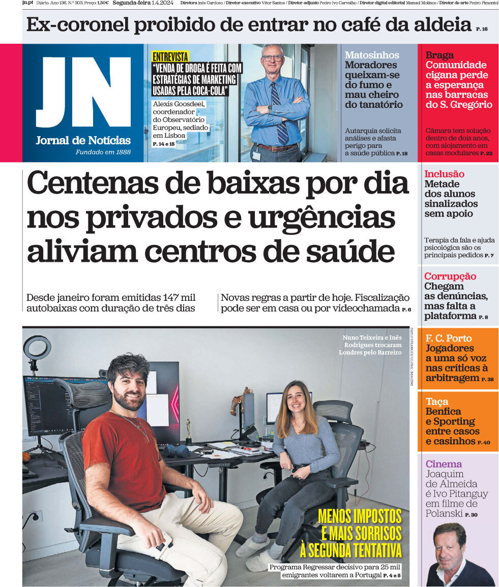 Jornal de Not&iacute;cias: Capa da Edi&ccedil;&atilde;o de segunda-feira, 01 de abril 2024
