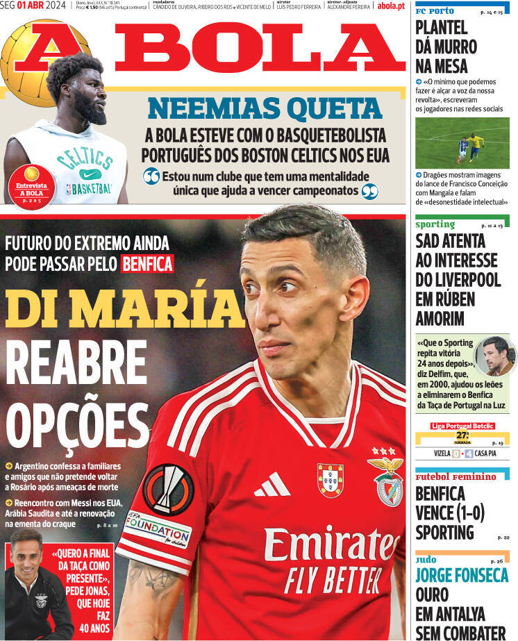 A Bola: Capa da Edi&ccedil;&atilde;o de segunda-feira, 01 de abril 2024