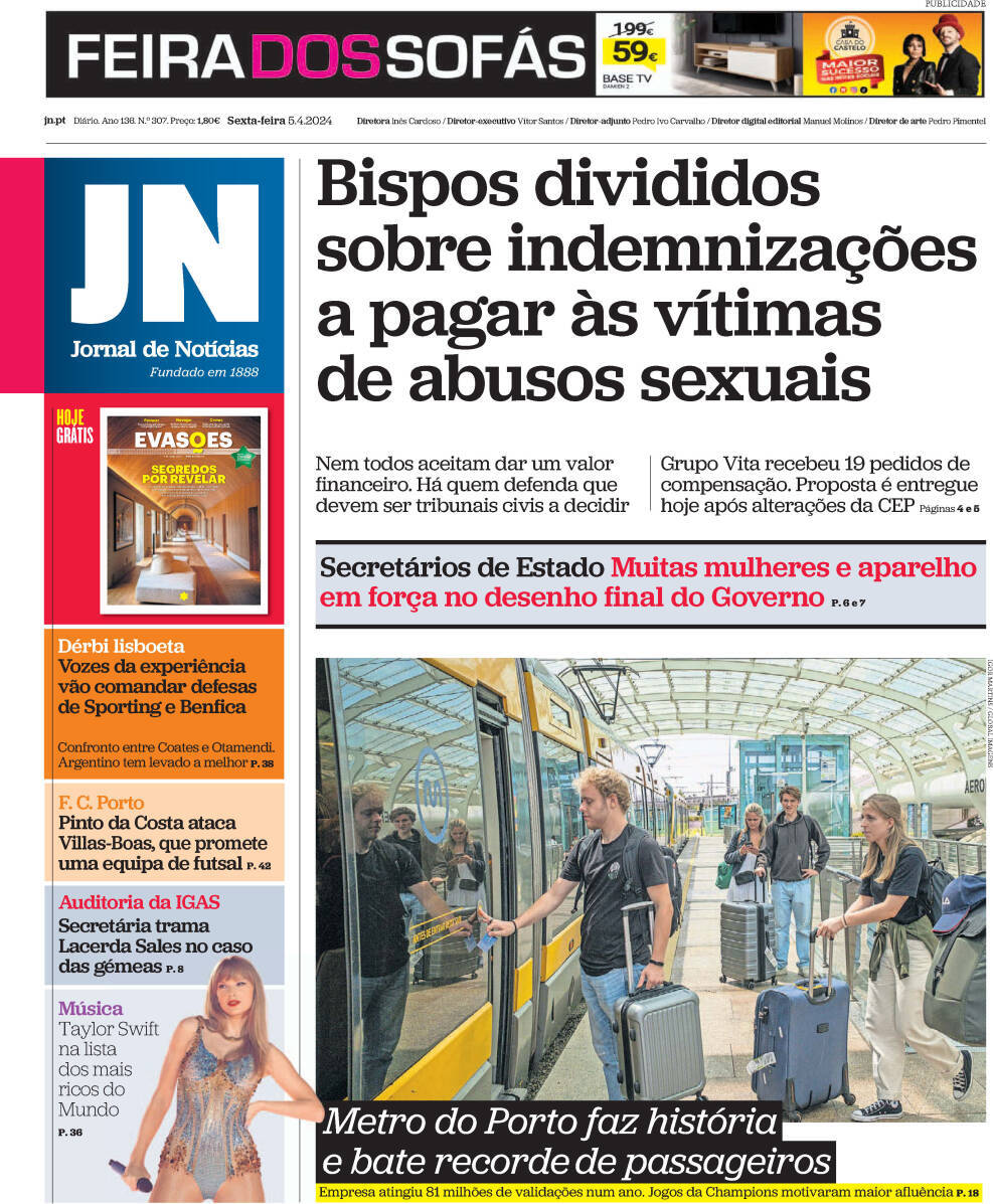 Jornal de Not&iacute;cias: Capa da Edi&ccedil;&atilde;o de sexta-feira, 05 de abril 2024