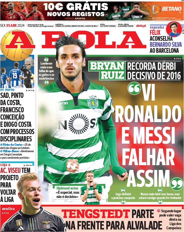 A Bola: Capa da Edi&ccedil;&atilde;o de sexta-feira, 05 de abril 2024