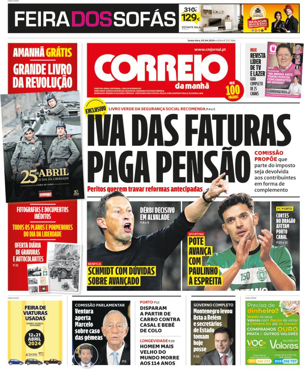 Correio da Manh&atilde;: Capa da Edi&ccedil;&atilde;o de sexta-feira, 05 de abril 2024