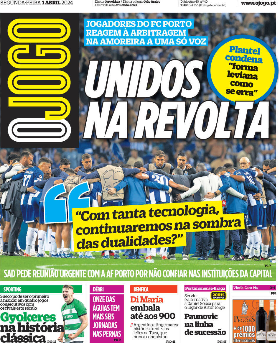 O Jogo: Capa da Edi&ccedil;&atilde;o de segunda-feira, 01 de abril 2024