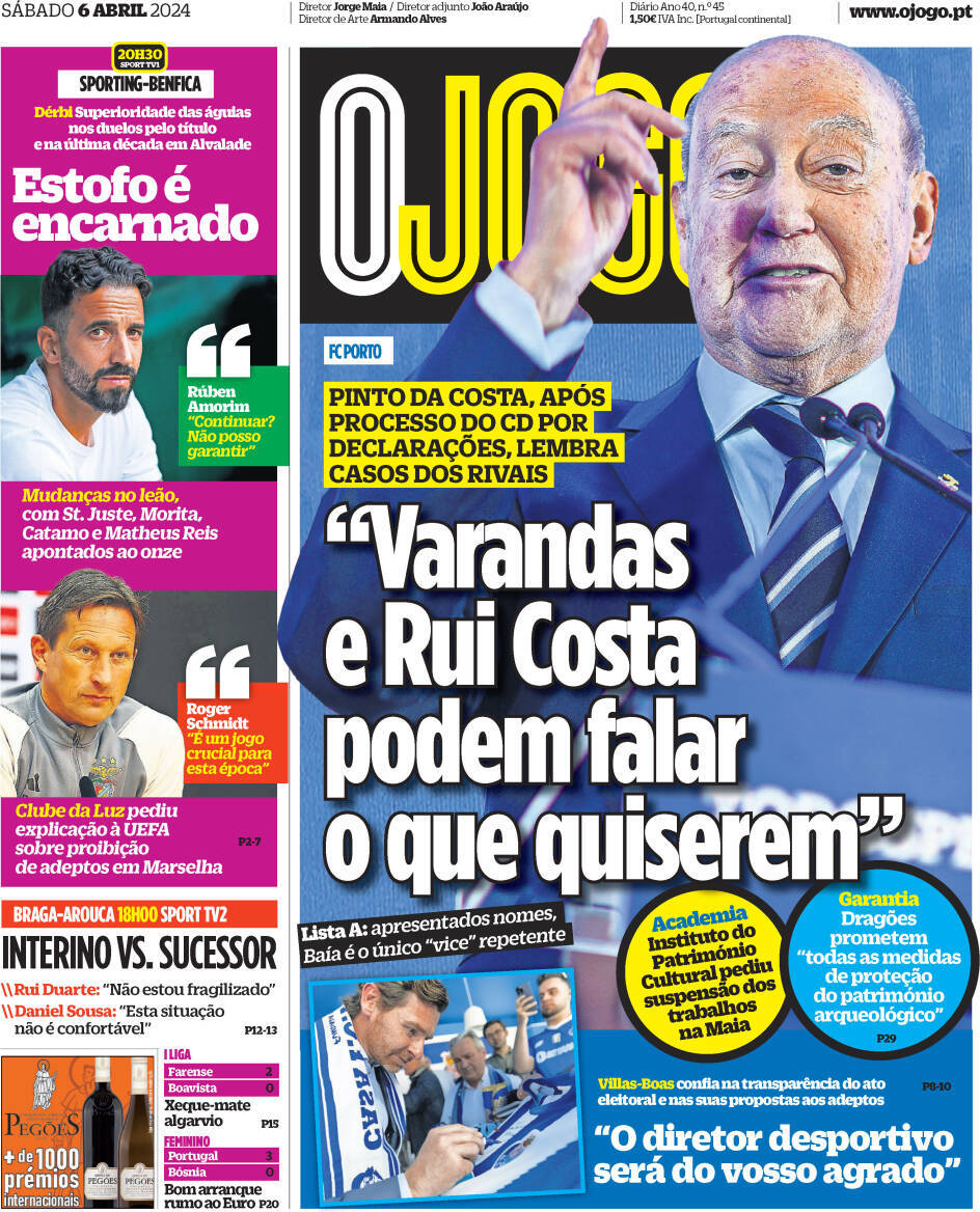 O Jogo: Capa da Edi&ccedil;&atilde;o de s&aacute;bado, 06 de abril 2024