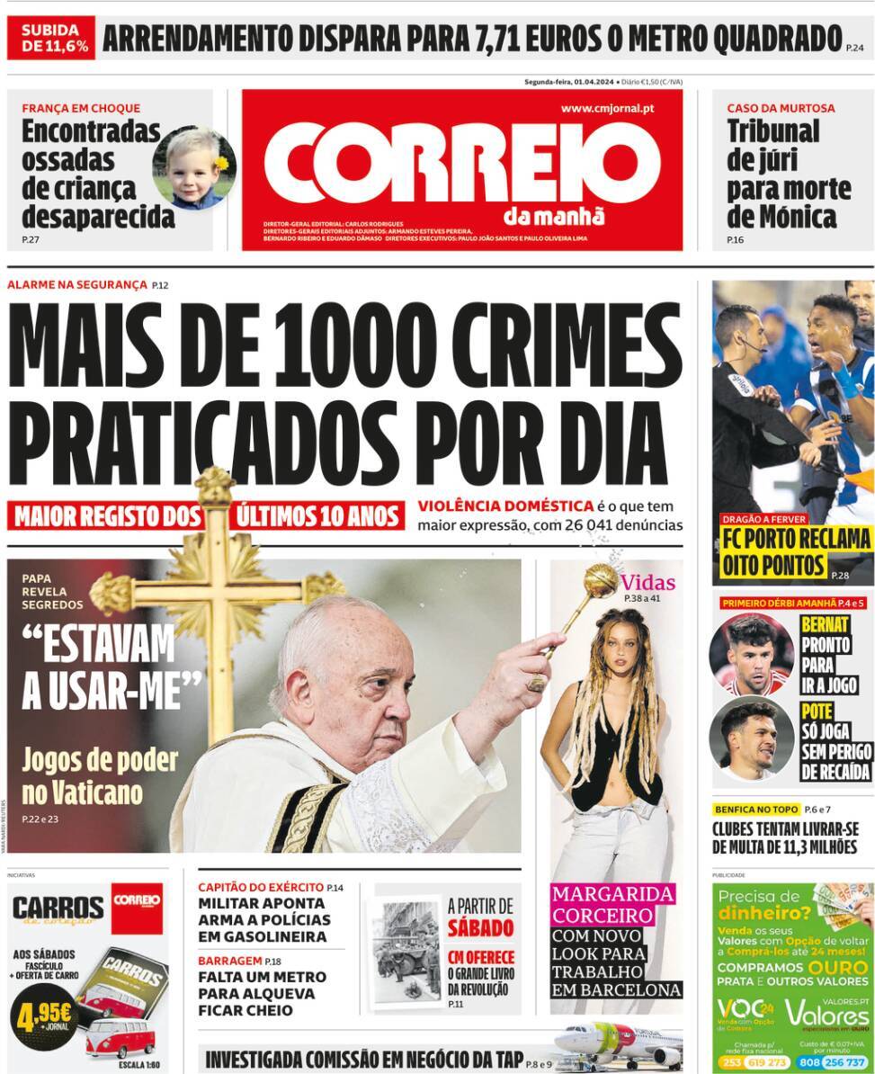 Correio da Manh&atilde;: Capa da Edi&ccedil;&atilde;o de segunda-feira, 01 de abril 2024