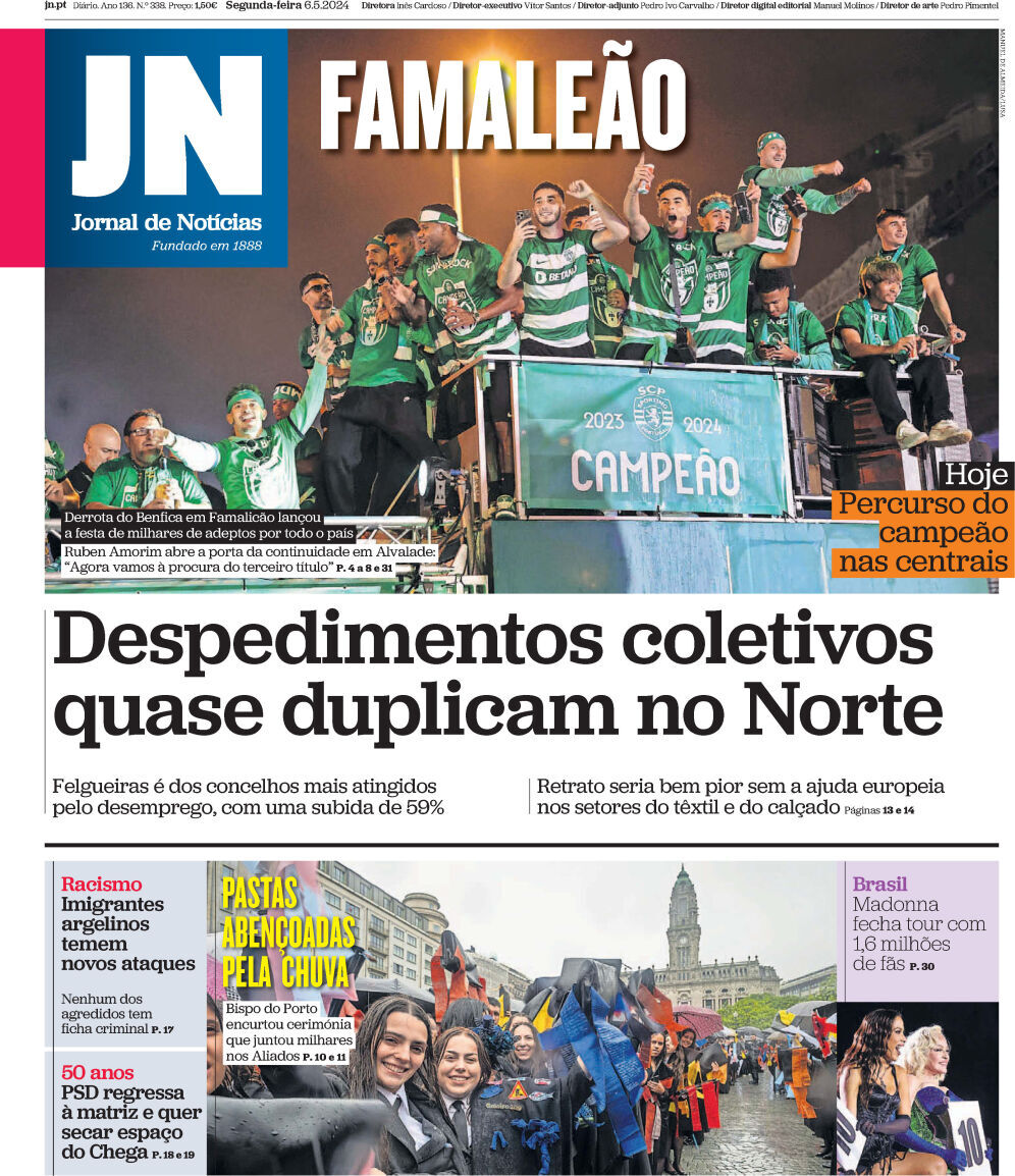 Jornal de Not&iacute;cias: Capa da Edi&ccedil;&atilde;o de segunda-feira, 06 de maio 2024