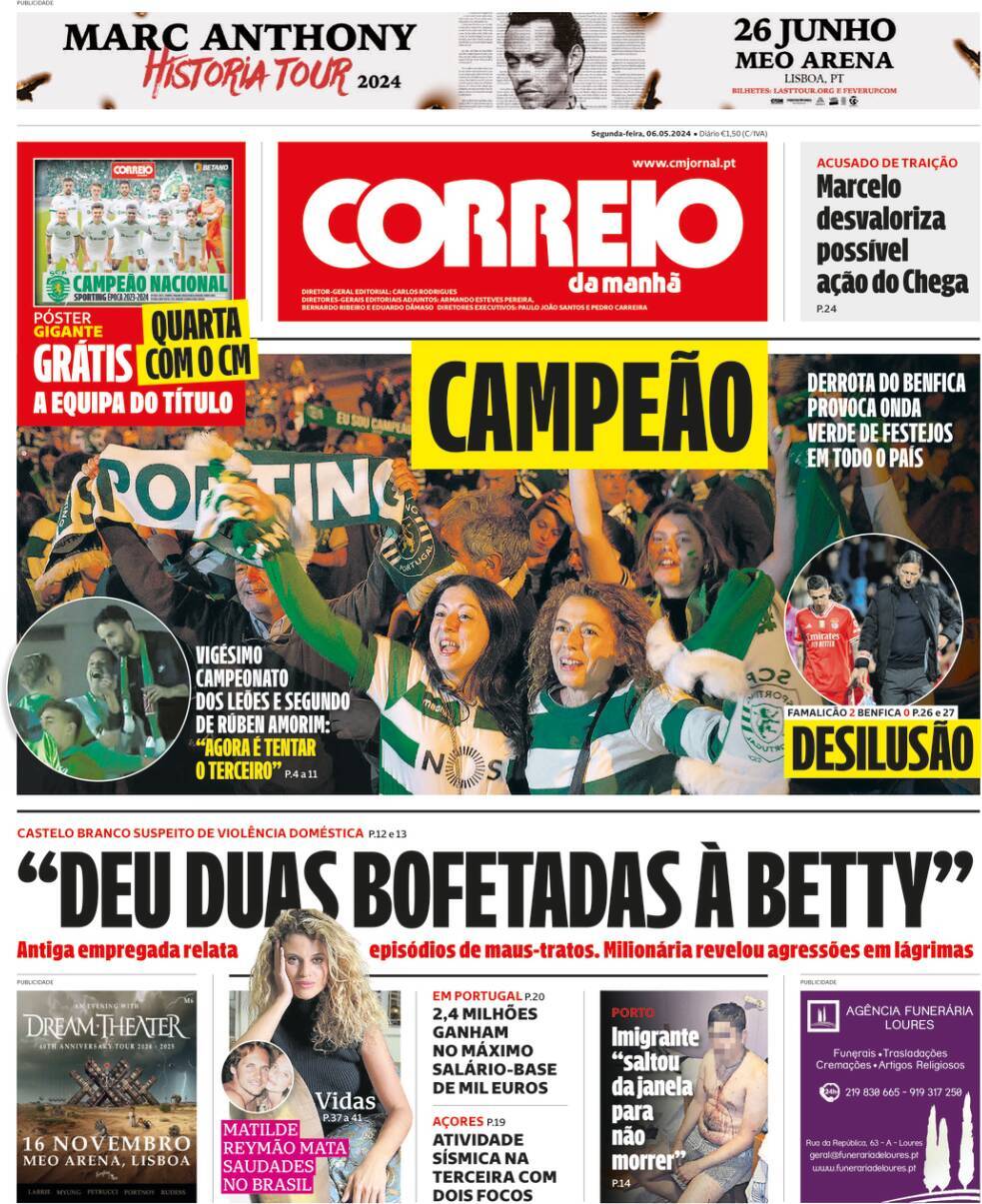 Correio da Manh&atilde;: Capa da Edi&ccedil;&atilde;o de segunda-feira, 06 de maio 2024
