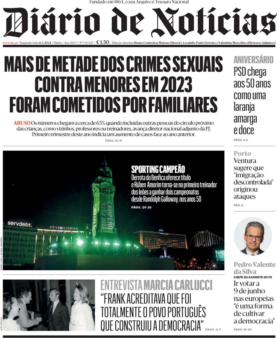 Di&aacute;rio de Not&iacute;cias: Capa da Edi&ccedil;&atilde;o de segunda-feira, 06 de maio 2024